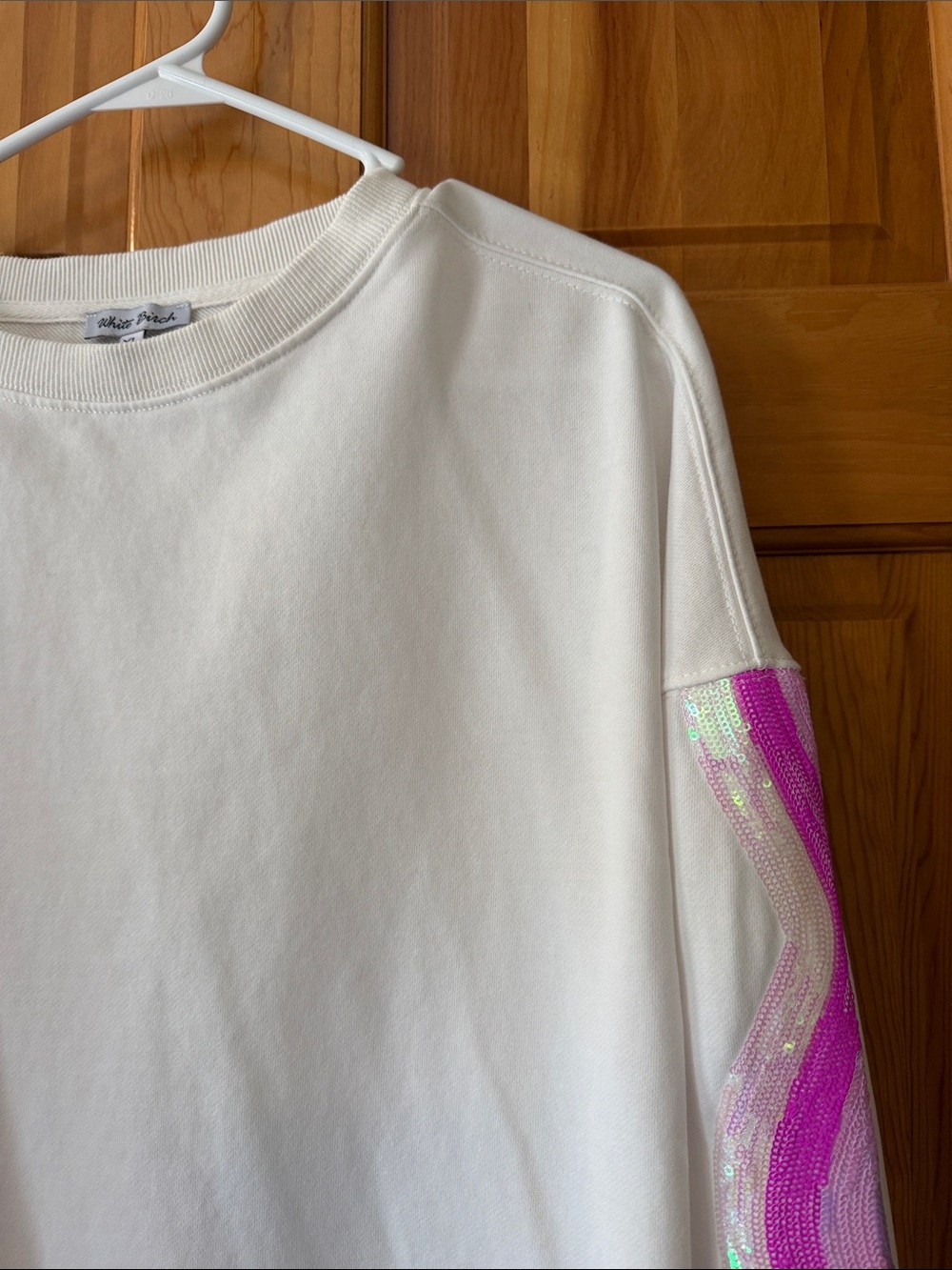 white birch White Sweatshirt with Pink Sequin Wave Sleeve